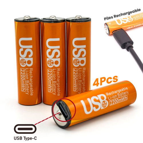 Pack de 4 Piles Rechargeables AA Li-ion 1.5V (2200mWh) avec Port USB Type-C