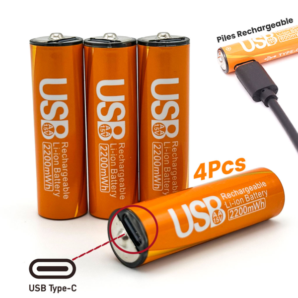 Pack de 4 Piles Rechargeables AA Li-ion 1.5V (2200mWh) avec Port USB Type-C