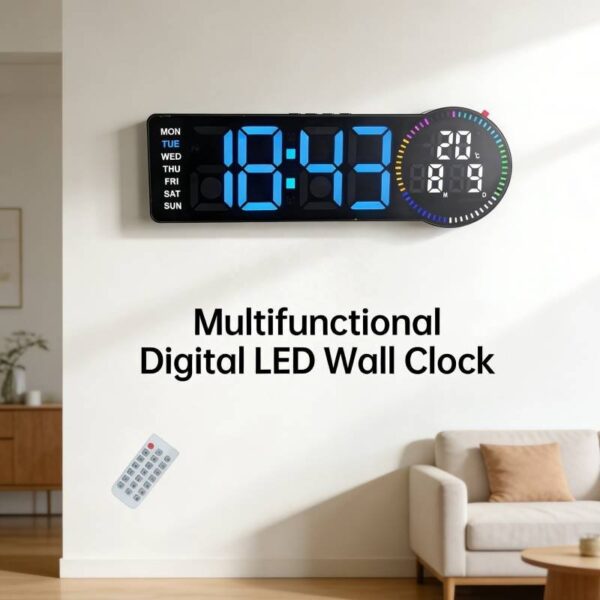 Horloge Murale Numérique LED Télécommandé avec Calendrier Alarme Température Pour Décoration Interieur