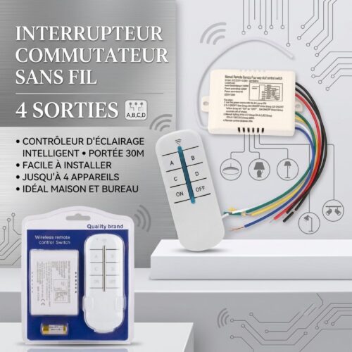 Interrupteur Commutateur Sans Fil avec Télécommande 4 Sorties