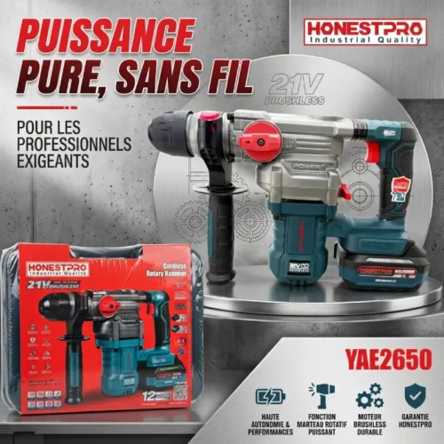 Marteau Perforateur Brushless à Batterie 4Ah 21V HONESTPRO YAE2650